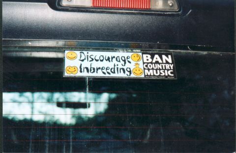 1993 Ford Bronco - Bumper stickers on a vehicle's rear window express opinions on inbreeding and country music.