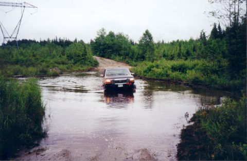 1993 Ford Bronco - A 1993 Ford Bronco navigates a water obstacle on a dirt path surrounded by dense foliage.