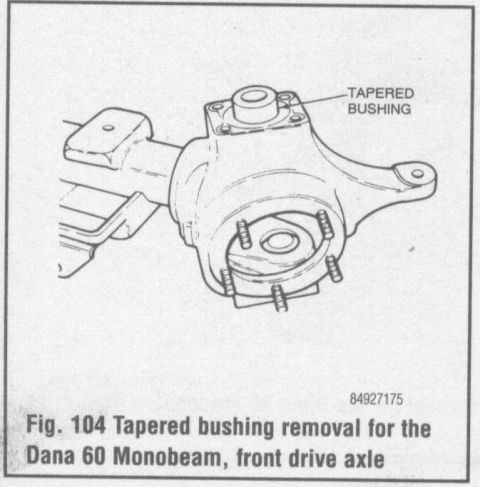 1989 Ford Bronco - Diagram illustrates removal of a tapered bushing from a Dana 60 Monobeam front drive axle.