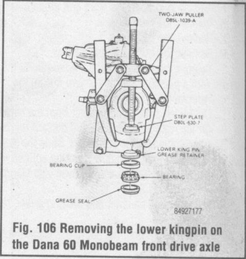 1989 Ford Bronco - Illustration details the process of removing a lower kingpin using a specialized puller tool and associated parts.