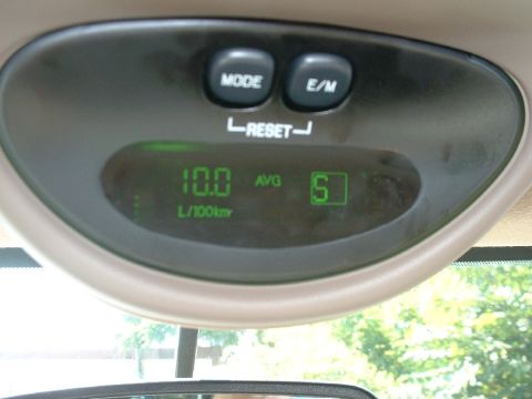 2003 Ford Excursion - Interior overhead console gauge shows average fuel economy of 10.0 L/100km.