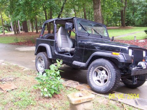 1994 Jeep YJ - A black Jeep Wrangler is parked on a wet driveway surrounded by trees and greenery.