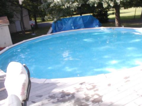 1979 Ford Bronco II - A person's foot in a white shoe is visible in the foreground next to a bright blue swimming pool.