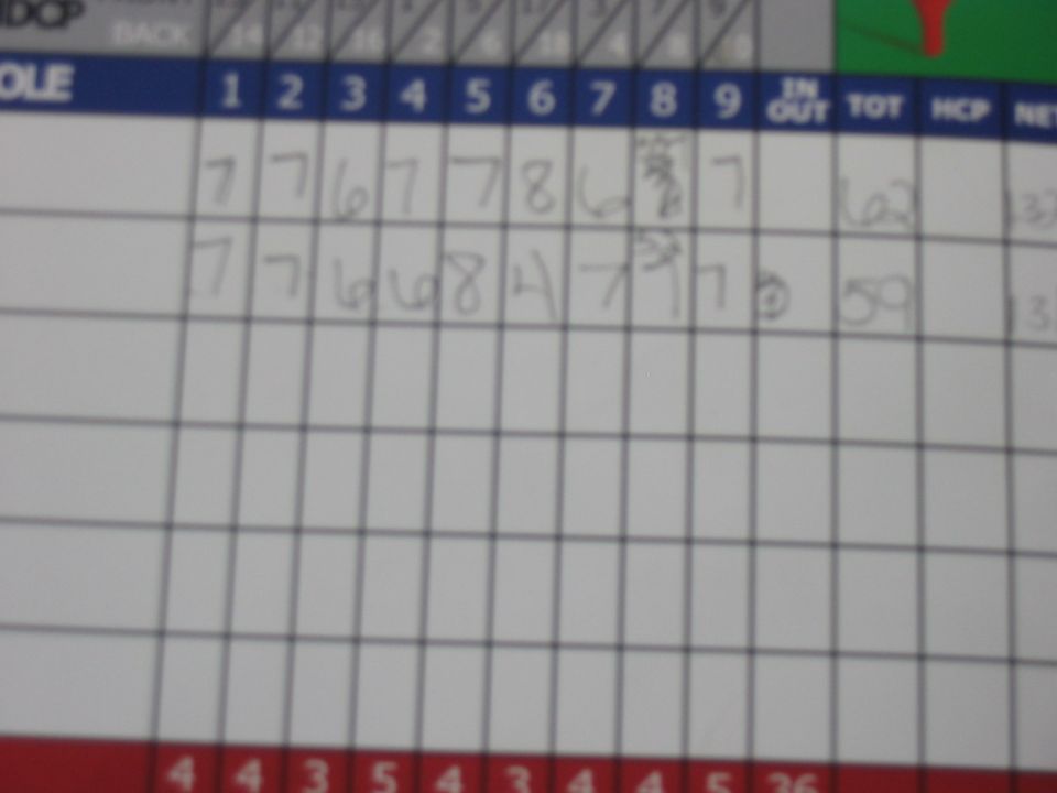 golf scorecard with scores for holes 1-9 and totals