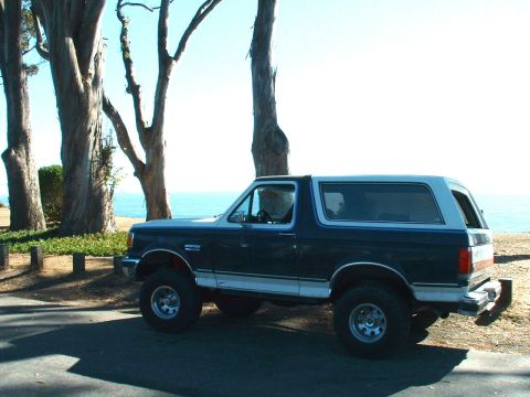 1990 Ford Bronco - A Ford Bronco is parked on a road overlooking the ocean, with large trees in the background.