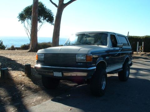 1990 Ford Bronco - This lifted Ford Bronco, likely from the late 1980s, is parked with a coastal view.