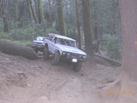 1994 Ford Bronco - A white pickup truck navigates a wooded trail with another vehicle behind it.