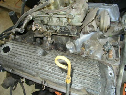 1995 Ford Bronco - Close-up of an engine with a valve cover clearly marked "POWERED BY FORD".