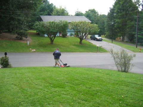 1985 Ford LTD Crown Victoria - A man mows his lawn while a car sits in the driveway of the suburban home.