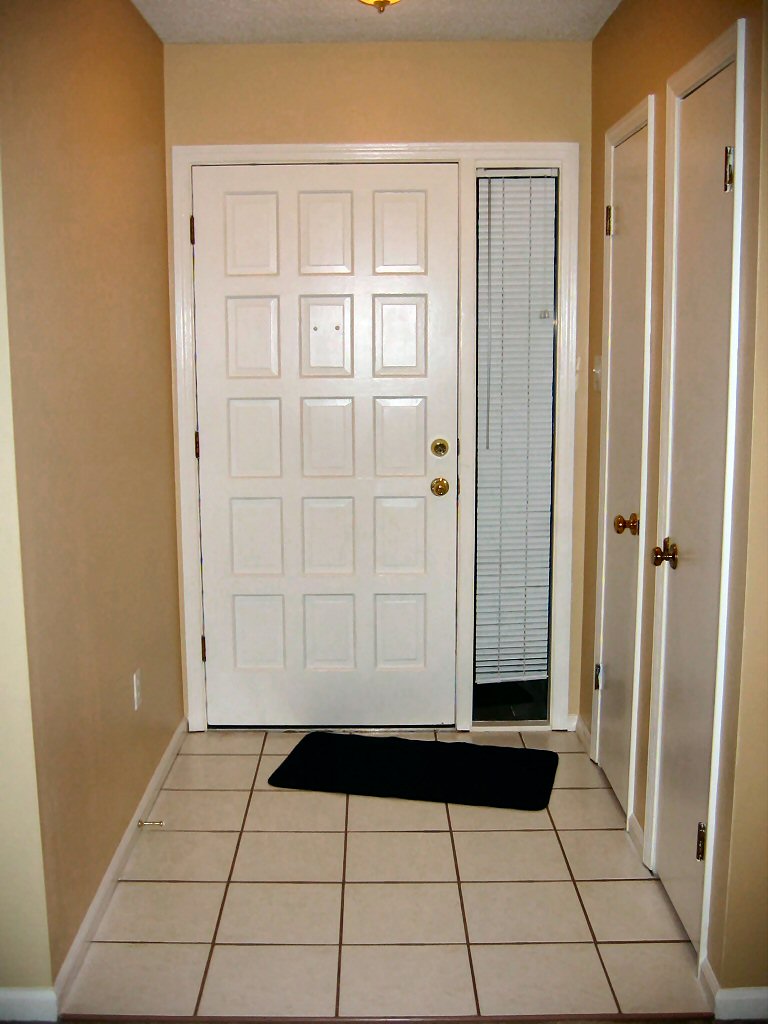Interior view of a home's entryway with a white paneled door and tiled floor