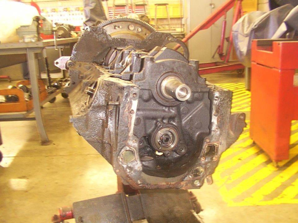 Engine block on stand, front view