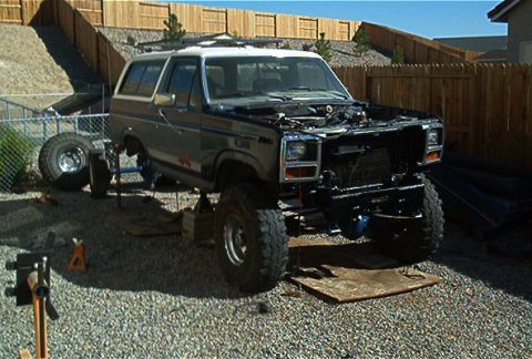1986 Ford Bronco - Here the rear leafs have been removed. I'm going to relocated the leaf hangers aproximately 3-4" rearwards and increase my wheel base this…