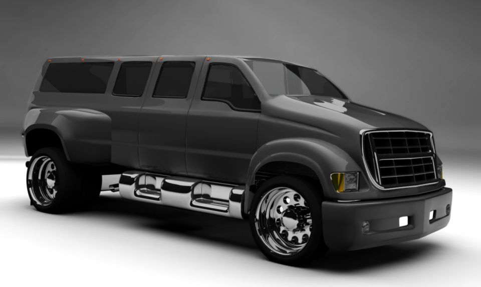 Dark gray custom truck with extended cab and dual rear wheels