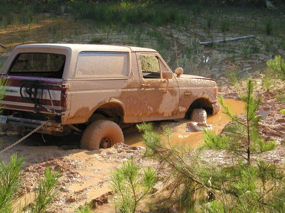 Muddy SUV stuck in a muddy ditch, front wheel submerged