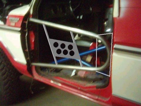 1979 Ford Bronco - The interior of a Ford Bronco features a roll cage and a red and white exterior paint scheme.