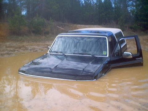 1995 Ford Bronco - A black 1995 Ford Bronco is partially submerged in muddy water, with the driver's door ajar.