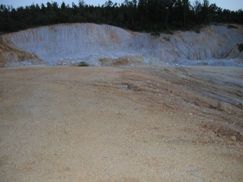 1989 Ford Bronco - A quarry scene with layered rock formations and sandy ground under a tree line.