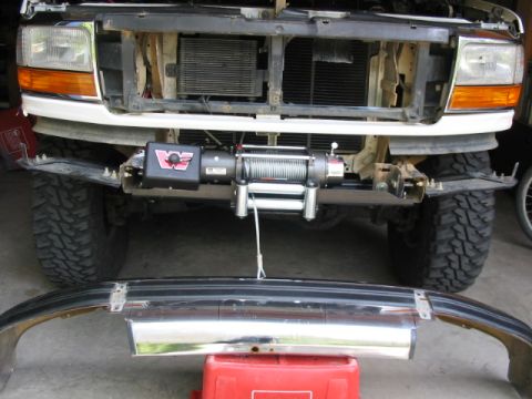 1995 Ford Bronco - Winch installation on a 1995 Ford Bronco front end, bumper is off.