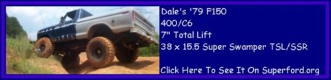 1979 Ford F-150 - This lifted 1979 Ford F-150 pickup truck is shown off-road with large, muddy tires.