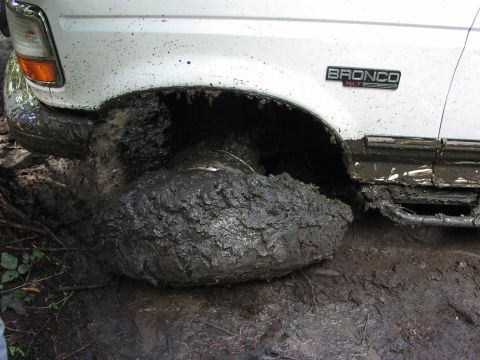 1995 Ford Bronco - In the end, I'm free, but I managed to unseat a bead while spinning the MTR's in the mud (aired to 14-15 PSI). That was a fun tire change.