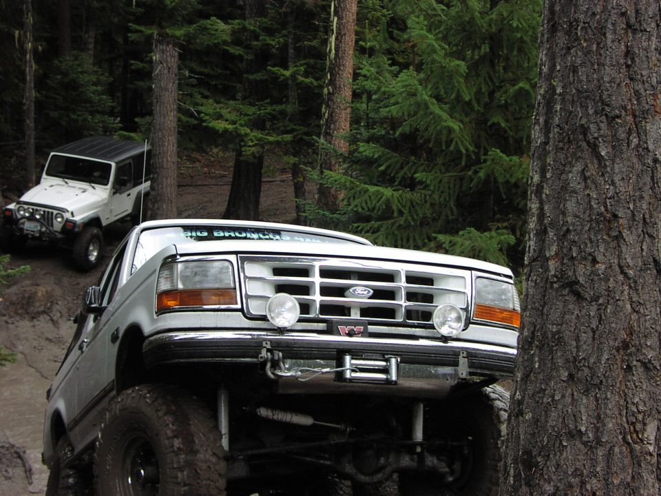 White Ford Bronco rock crawling near a tree with a white Jeep behind in a forest.