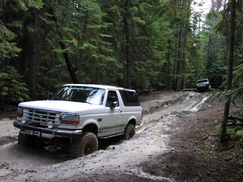 1995 Ford Bronco - Two off-road vehicles navigate a muddy trail through a dense forest.