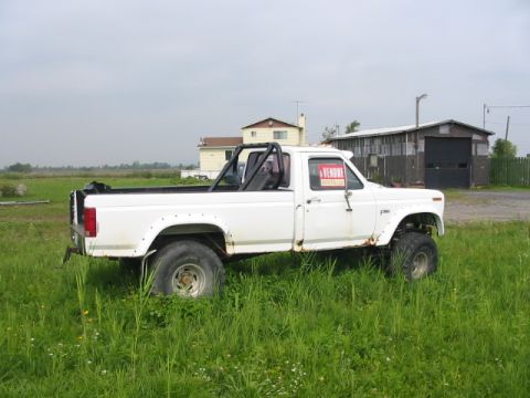 1985 Ford Bronco - This white pickup truck, likely from the early 1980s, is parked in a grassy field with a "A VENDRE" sign in the window.