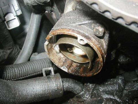 1993 Ford Taurus - A close-up view of a corroded engine part, likely a thermostat housing, with surrounding hoses and a timing belt visible.