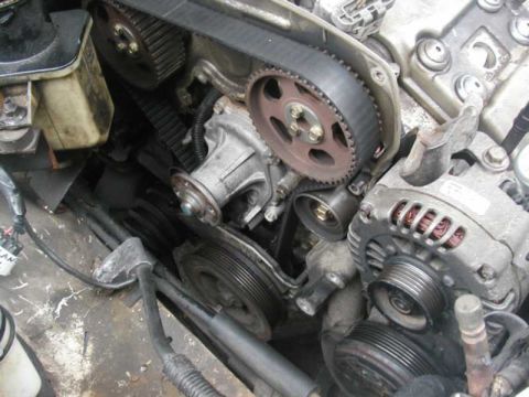 1993 Ford Taurus - Close-up view of an engine's timing belt system, including the alternator and water pump.
