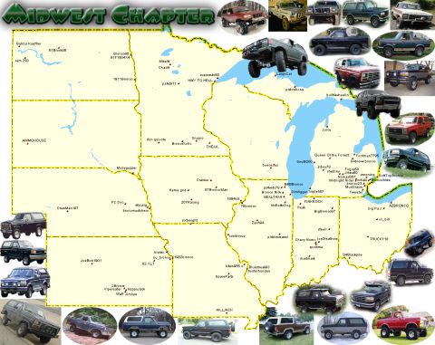 1995 Ford Bronco - A map of the Midwest Chapter showing locations and various Ford Bronco models.