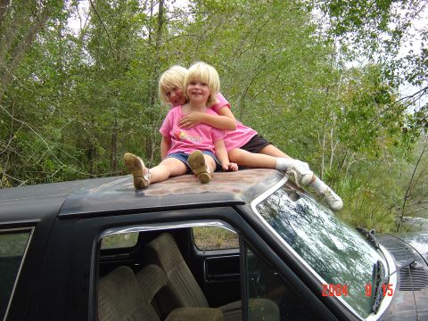 1982 Ford Bronco - Two children are perched atop the roof of a vehicle, enjoying the outdoors.