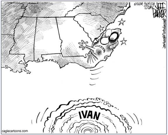 Cartoon depicting Hurricane Ivan as a face impacting Florida, with other southeastern states shown