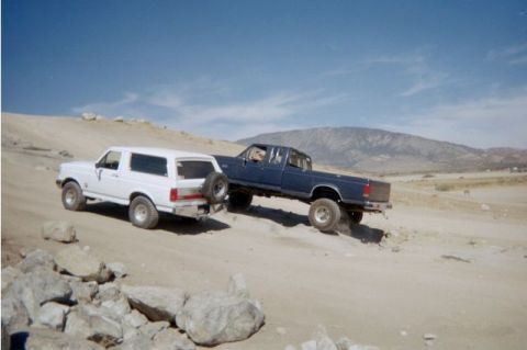 1990 Ford Bronco - Matt climbing the practice cement rock/cement hill.