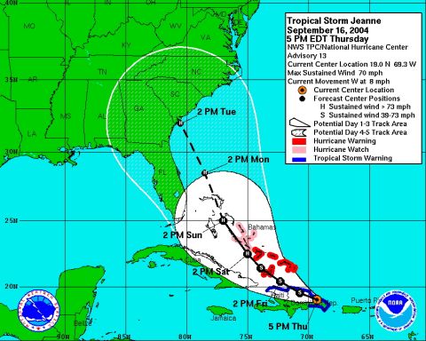 1993 Ford Bronco - National Hurricane Center forecast track map for Tropical Storm Jeanne with cone of uncertainty, dated September 2004.