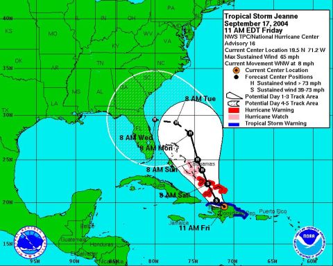 1993 Ford Bronco - NOAA/National Hurricane Center track forecast map for Tropical Storm Jeanne, not a vehicle technical document.