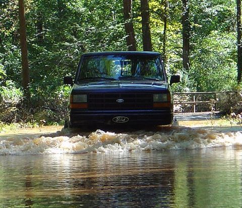 1989 Ford Ranger - A dark blue 1989 Ford Ranger navigates through a flooded area surrounded by trees.