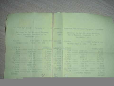 1993 Ford Taurus - These documents show drag strip results from San Antonio Raceway, dated September 2004.