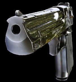 1995 Ford Bronco - A close-up, head-on view of a shiny Desert Eagle pistol against a black background.