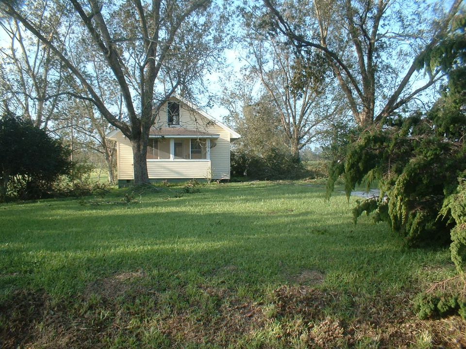 House with a screened porch surrounded by trees and a grassy yard