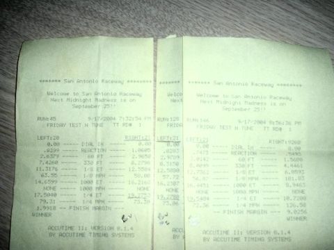 1993 Ford Taurus - These timing slips show race data from San Antonio Raceway, including reaction times and speeds.