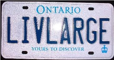 2003 Ford Excursion - An Ontario license plate displaying the custom text LIVLARGE and the motto "Yours to Discover".