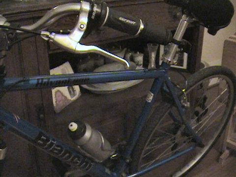 1996 Ford Taurus - A blue bicycle frame with a Bianchi logo and a water bottle is visible.