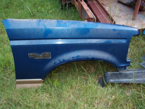 1996 Ford Bronco - A blue fender with a chrome trim piece and a faded emblem is shown against a grassy background.
