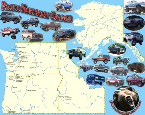 1995 Ford Bronco - Collage of Ford Broncos superimposed on a map of the Pacific Northwest and Alaska.