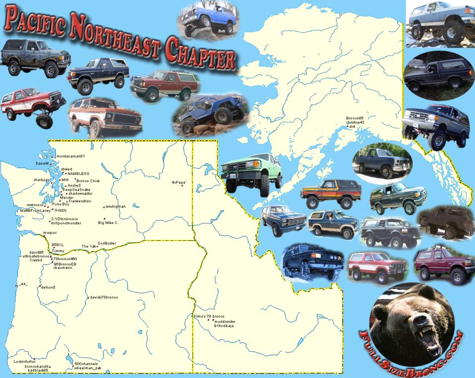 Pacific Northwest Chapter club poster with member map and full-size Ford Bronco photos