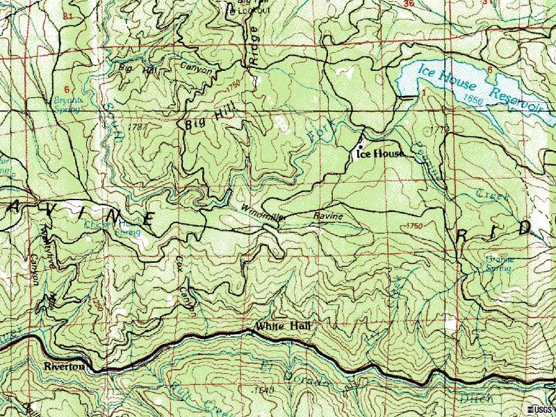 Topographic map section showing Ice House, Ice House Reservoir, Big Hill, White Hall and Riverton