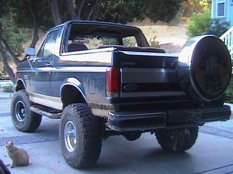 1991 Ford Bronco - Rear view of a 1991 Ford Bronco, a soft top conversion and a spare tire mounted on the back.