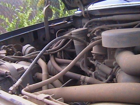 1991 Ford Bronco - Close-up under the open hood of a truck engine bay, everything coated in a heavy layer of dust and dried dirt. Visible are the round air cl…