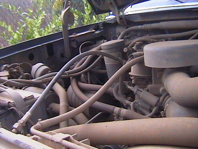 Dust-covered V8 engine bay showing air cleaner, intake and vacuum lines
