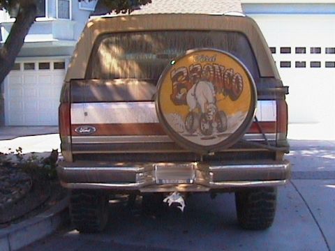 1991 Ford Bronco - This Ford Bronco has a custom spare tire cover with a humorous cartoon graphic.